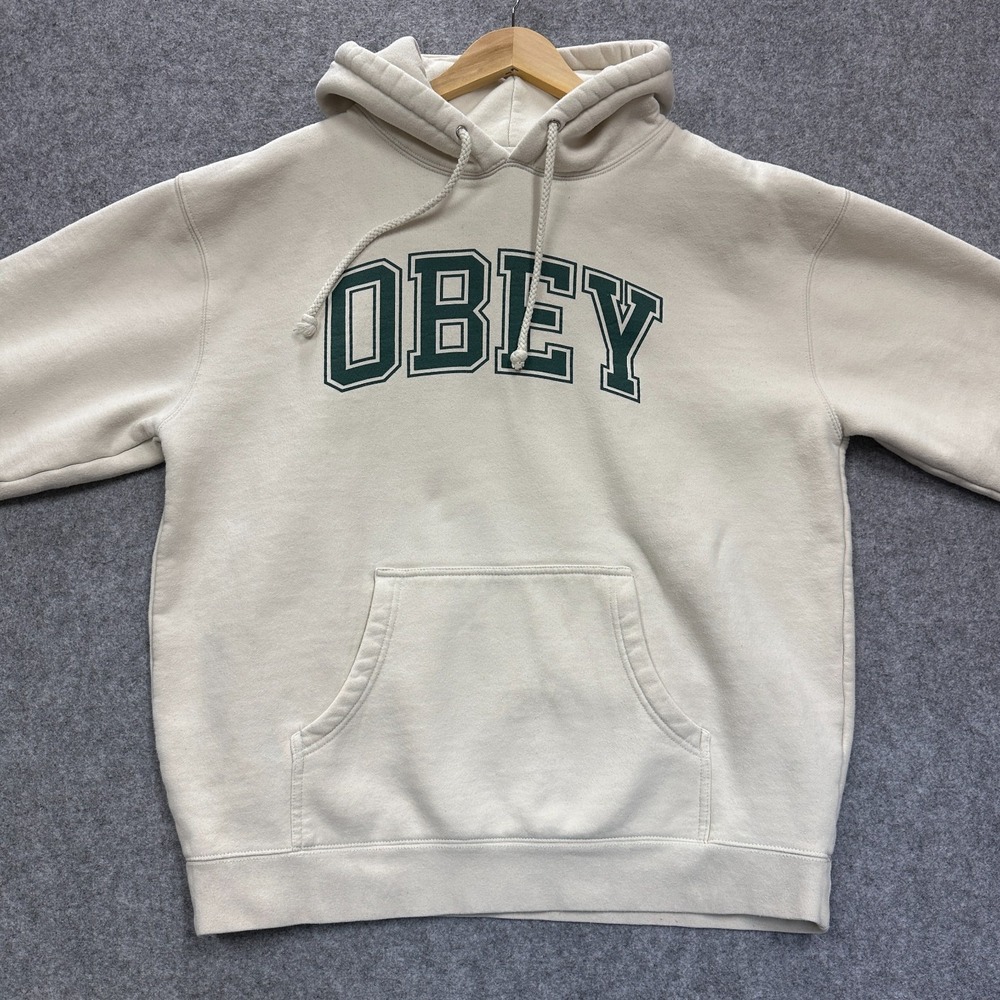 OBEY Hoodie Sweatshirt Mens  Cream w/ Green Collegiate Style Letters No Size Tag - Picture 2 of 7